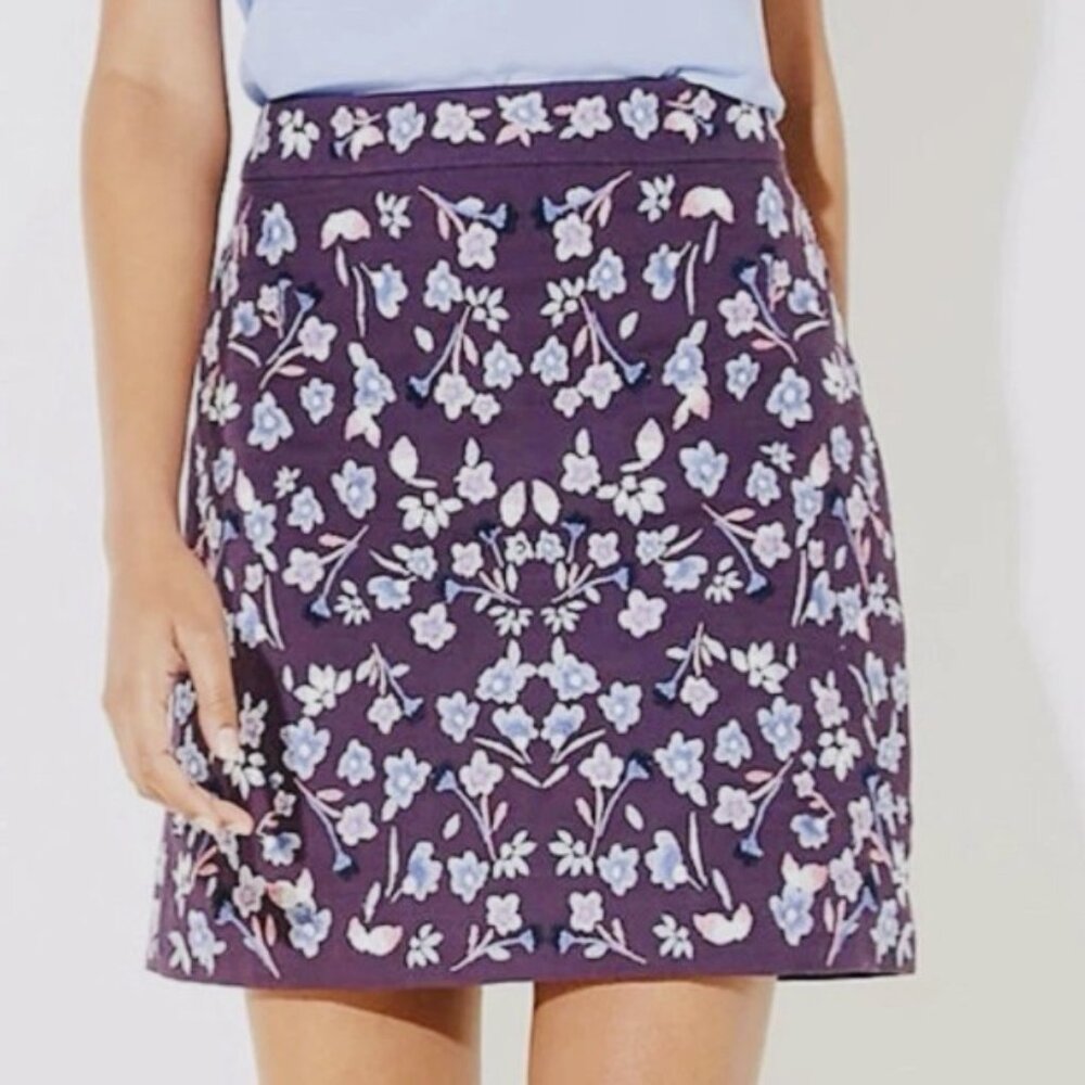 LOFT NWT Floral Embroidered Mini Skirt Boho Chic, Purple and Pink - Size 10